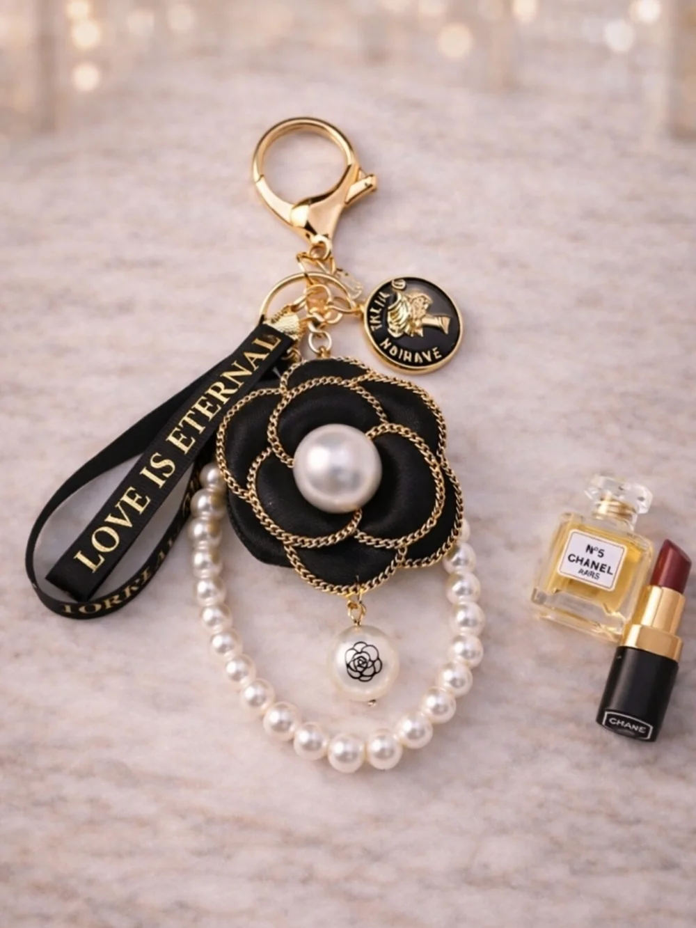 Black Camellia Floral Keychain / Bag Charm with Pearl Accents